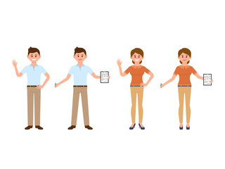 Naklejka premium Young man and woman office workers waving hands and writing notes. Cartoon character coworkers in casual look