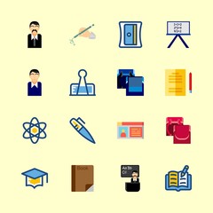 school vector icons set. school bag for boys, open book, student boy and paperclip in this set