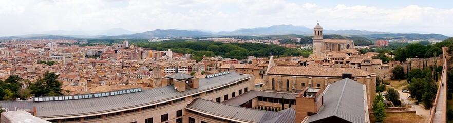 Panorama of the ancient Spanish city of Girona, opening from the walls of the fortress