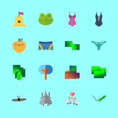 tropical vector icons set. leaf, swimsuit, peach and mosquito in this set