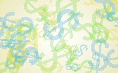 Multicolored translucent dollar signs on white background. Green tones. 3D illustration