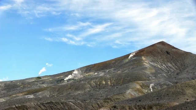 Panorama of the slope of Ebeko volcano on Paramushir Island. Kuril Islands, Russia