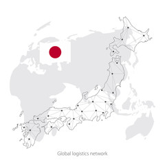 Global logistics network concept. Communications network map of the  Japan on the world background. Map Japan with nodes in polygonal style and flag. Vector illustration EPS10. 