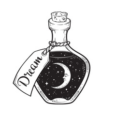 Hand drawn dream in bottle or wish jar with crescent moon and stars isolated. Sticker, print or tattoo design vector illustration.