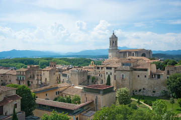Fototapeta na wymiar View of the landscape and the bell tower of the Cathedral of Girona, Spain