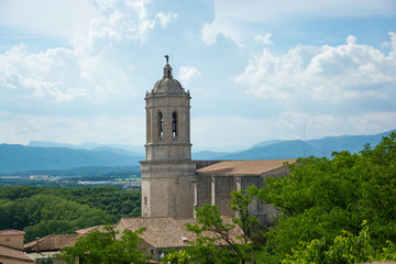 Fototapeta na wymiar View of the landscape and the bell tower of the Cathedral of Girona, Spain