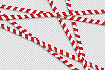 Red and white lines of barrier tape. The pole guard protects against the lack of input. Red and white barricade on a transparent background. Realistic red and white danger tape.