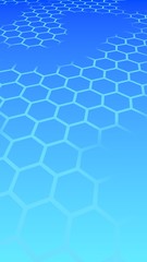 Translucent honeycomb on a gradient blue sky background. Perspective view on polygon look like honeycomb. Isometric geometry. Vertical image orientation. 3D illustration