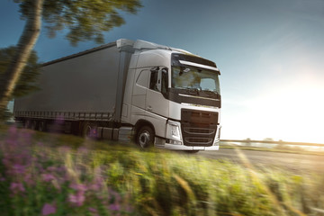 LKW fährt über einer Landstraße