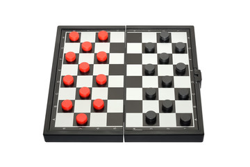 Checkers on the board isolated on white background