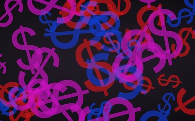 Multicolored translucent dollar signs on dark background. Red tones. 3D illustration