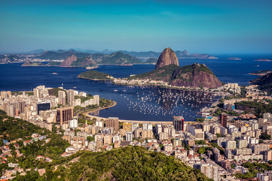 Botafogo Bay and Sugarloaf Mountain at sunset with skyline of Rio de Janeiro, Brazil