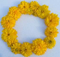 bright yellow double flowers on a wreath patterns and greeting cards
