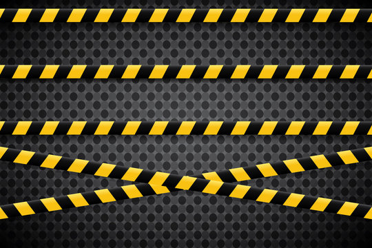 Caution lines isolated. Warning tapes. Danger signs. Vector illustration. Set of black and yellows caution tapes with different inscriptions.
