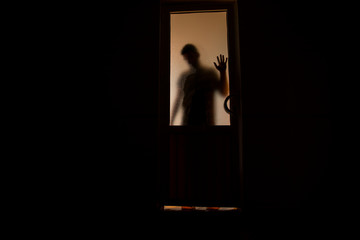 Silhouette of an unknown shadow figure on a door through a closed glass door. The silhouette of a...
