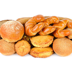Various of bread and bakery products isolated on white background