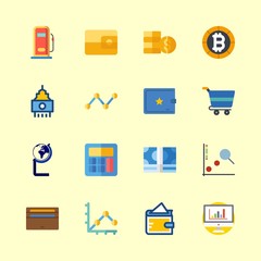 economy vector icons set. coins, statistics, gas station and shopping cart in this set