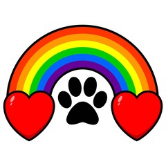 Rainbow Bridge with Hearts - A vector cartoon illustration of a rainbow bridge with a paw print and some hearts.