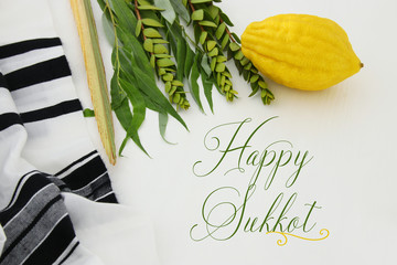 Jewish festival of Sukkot. Traditional symbols (The four species): Etrog, lulav, hadas, arava.