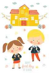 Obraz na płótnie Canvas Happy first day of school card design. Kids going to school. Smiling boy and girl in school uniforms with backpacks in schoolyard. School building exterior. Cartoon vector illustration in flat style.