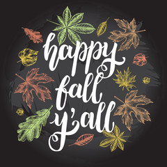 Background with Ink hand drawn maple leaves. Autumn elements composition with brush calligraphy style lettering. Vector illustration. - 218668332