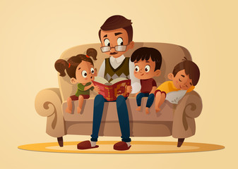Grandfather sitting with grandchildren on a cozy sofa with the book, reading and telling book fairy tale story. Boys and girl listen to him. Vector cartoon illustration. Cozy family evening. Isolated