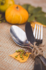 Seasonal table setting with small pumpkins and yellow and green leaves