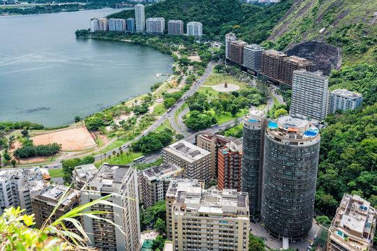 High angle view of Lagoa lake with city buildings and roads, Rio de Janeiro, Brazil