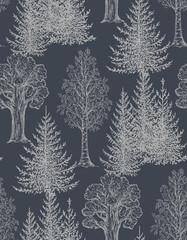 Vector seamless pattern with hand drawn trees in sketch style