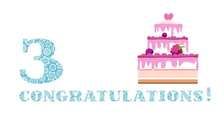 Anniversary greetings, 3 years, berry cake, English, white, blue, vector. Happy anniversary. Big berry cake and number 3 on white background. The inscription in English 