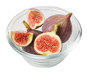 Fresh raw ripe figs in glass bowl isolated on white background. Ingredients for cooking. Top view.