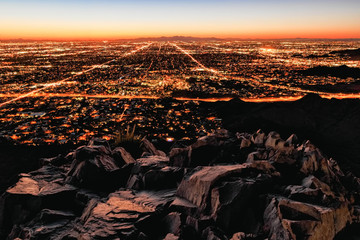 Phoenix City Lights, highways, mountain view as seen from Piestewa Peak, Arizona