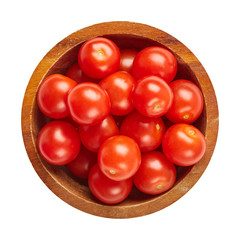 Fresh ripe tomatoes in wood bowl isolated on white background. Ingredients for cooking. Top view.