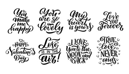 Set of Lettering Quotes about love. Hand drawn typography posters. For greeting cards, Valentine day, wedding, posters, prints or home decorations. Vector