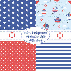 A set of textures. Seamless sea boats, stars,sea strip, circles, background, texture. vector illustration