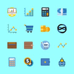economy vector icons set. calculator, bar chart, shopping cart and line graph in this set