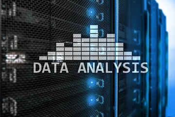 Big Data analysis text on server room background. Internet and modern technology concept.