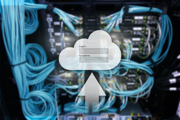 Cloud storage, data access, login and password request window on server room background. Internet...
