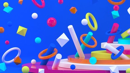 3d background. Abstract wallpaper. Shapes 3d. Flying geometric objects. Minimalism. Trendy modern illustration. Render. Stylish concept. Poster backdrop. Minimal style. Bright colors.