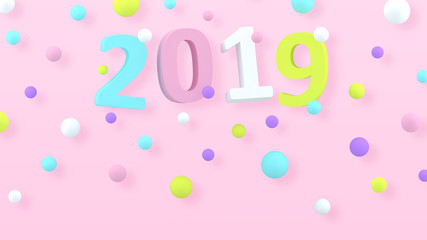2019 New Year wallpaper. 3d background. Abstract shapes 3d. Year of Earth Pig. Winter holiday. Happy New Year. Minimalism. Trendy modern illustration. Render. Holiday concept. Poster. Pastel colors.