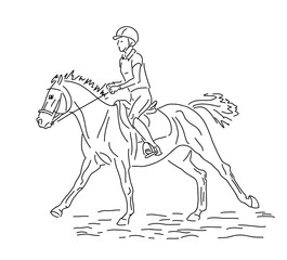 A sketch of a young rider cantering on a pony.