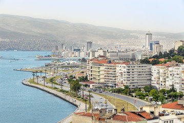 Izmir, Turkey, 20 May 2008: Historical Izmir Kordon Buildings and view of sea