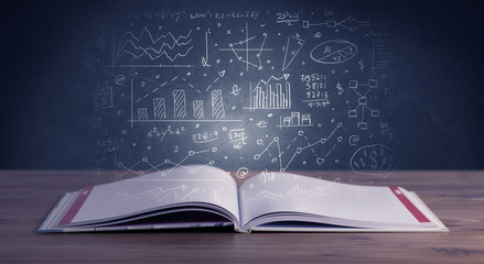 Hand-drawn financial plans and charts coming out of an open book 