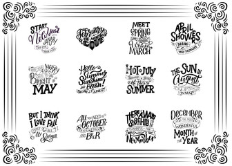 Set of compositions for every months, calendar template. Hand drawn lettering quotes for calendar design, illustration