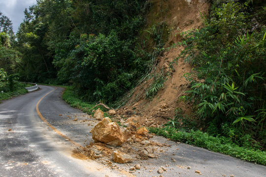 Thailand, Chiangrai - Chiangmai road. Rockfall after the flood
