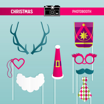 Christmas Retro Party set of Glasses, Hats, Moustaches, Beard, Masks for photobooth props in vector