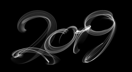 Happy new year 2019 isolated numbers lettering written with white fire flame or smoke on black background