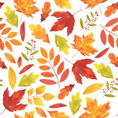 Seamless colorful pattern with autumn leaves on white background. Hand painted watercolor illustration.