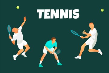 Vector background or illustration of male  lawn tennis players in action, serving, waiting 