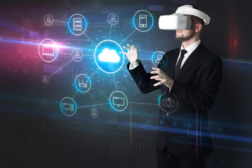 Businessman in vr glasses organize lifesize projected social media concept
